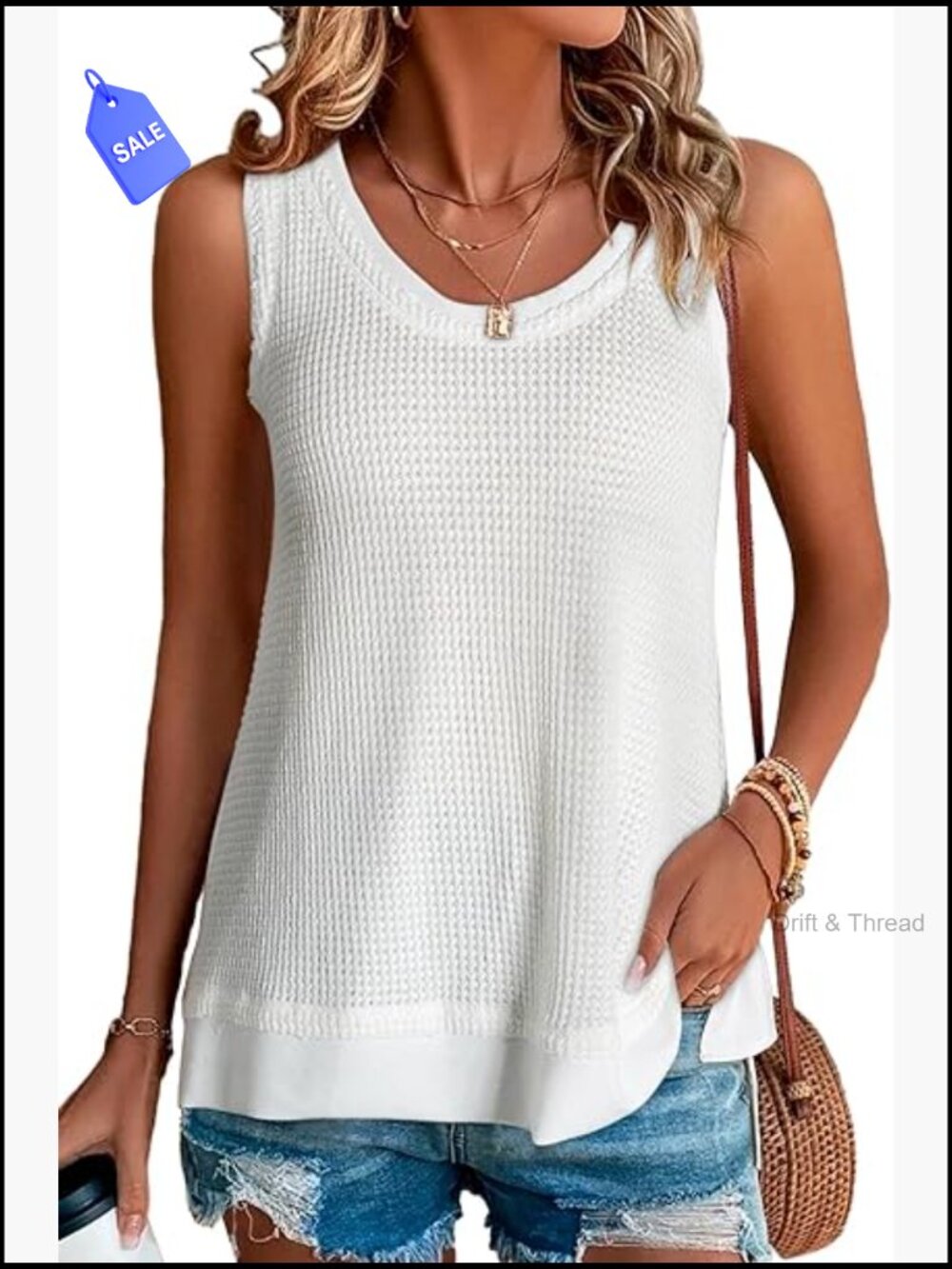 Waffle Knit Summer Tank Top Sleeveless Loose Tunic Scoop Neck